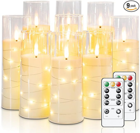 Raycare Flameless Candle with Remote Timer – 9 Flickering Acrylic Battery Operated LED Pillar Candles with Embedded Star String for Christmas, Home Decor, and as a Gift (Ivory)