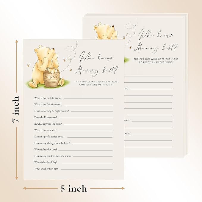 Winnie Baby Shower Games, Who Knows Mommy Best Baby Shower Game Cards, Baby Shower Decorations, Baby Shower Party Games Supplies & Activities, Set of 30 Cards