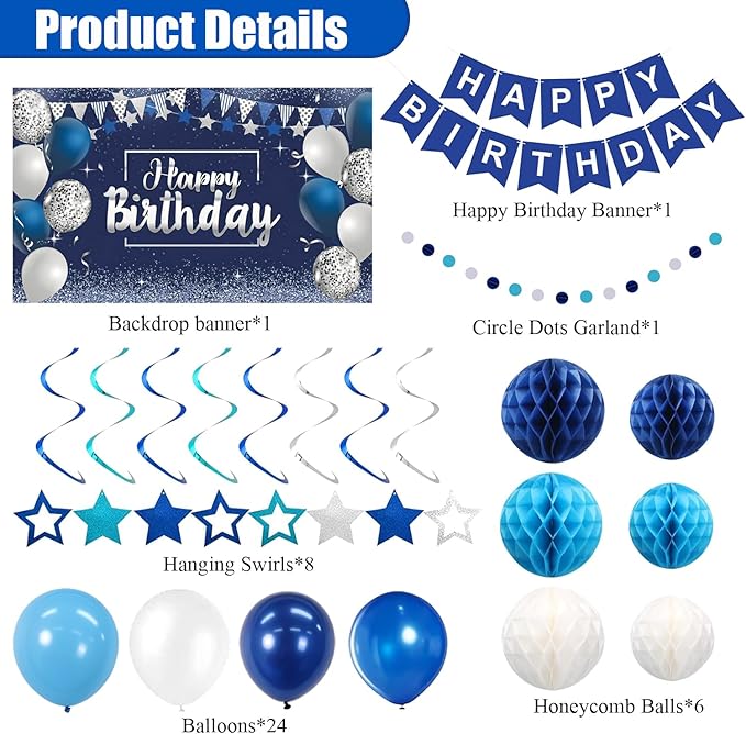 Blue Happy Birthday Decorations, 41 Pack Happy Birthday Banner, Balloons, Backdrop, Hanging Swirl, Honeycomb Ball and Circle Dot Garland Supplies for Birthday Party