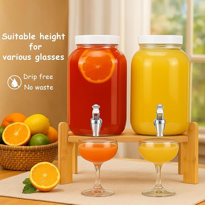 1 Gallon Large Glass Drink Dispensers with Stand for Parties, Glass Iced Beverage Dispensers with Spigot, Reusable Water Dispenser Countertop (2 Pack)
