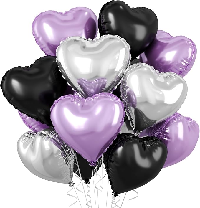 Purple and Black Heart Balloons, 10 Pcs Light Purple Silver Heart Shape Foil Balloon 18 Inch Birthday Balloons for Girls Princess Theme Birthday Wedding Valentines Baby Shower Party Decoration