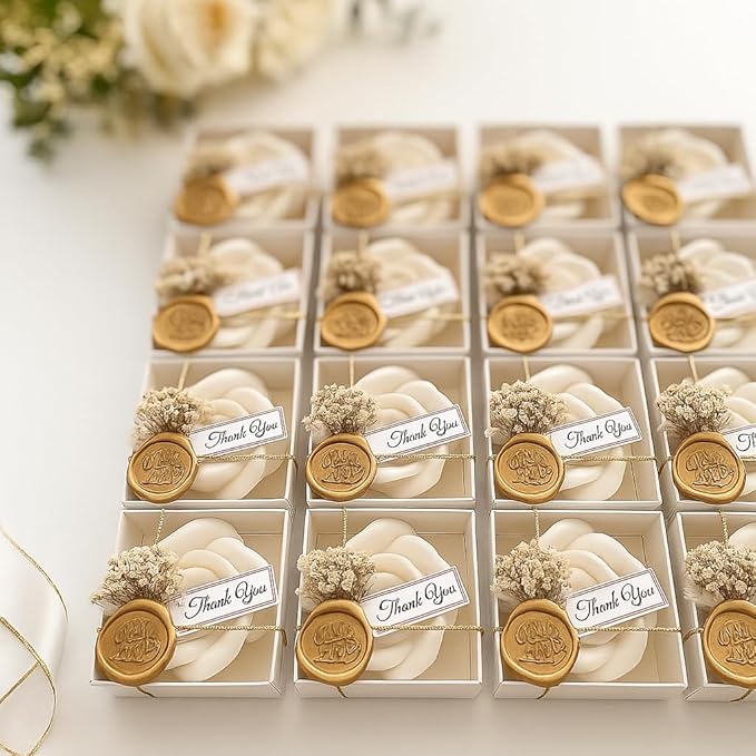 White Rose Petal Soy Wax Candles in Bulk – Rose Candle Wedding Favors for Guests, Personalized Candle Favors for Bridal Shower & Baby Shower Gifts – Dried Flower & Wax Seal Design (60 Pieces)