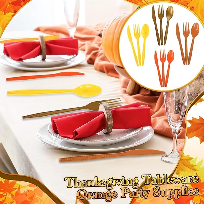 300Pcs Red Orange Yellow Brown Plastic Silverware Heavy Duty Disposable Flatware Cutlery Set Includes Forks Spoons Knives for Wedding Birthday Party Thanksgiving Autumn Fall Party Supplies