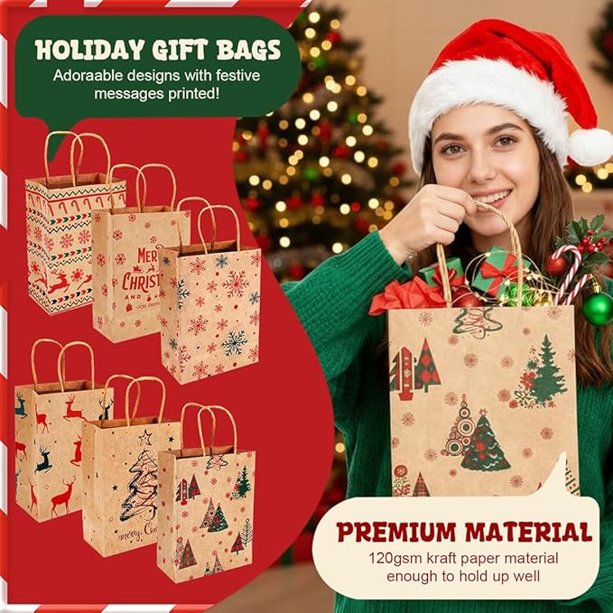 EUBUY 96 Pcs Christmas Kraft Gift Bags Bulk Xmas Holiday Paper Gift Bags, Holiday Paper Goody Treat Candy Bag for Xmas Decor Supplies Classrooms Wedding and Party Favors