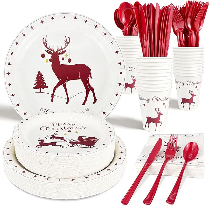 Christmas Plates and Napkins w/Cutlery & Cups, 50 Serve Reindeer Christmas Dinnerware Sets, Xmas Paper Plates Disposable Party Sets, Holiday Tableware for Winter Party Decorations Supplies (350 pcs)