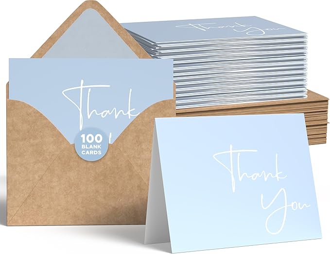 VNS Creations Thank You Cards With Envelopes Bulk Set & Stickers - 100 Pack 4x6 Blank Thank You Notes Bulk Box Set - Large Note Card Small Business, Wedding, Baby Shower & Bridal Shower - Light Blue