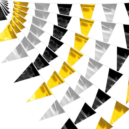 32.8FT Black Gold Silver Glitter Triangle Pennant Banner Flag Metallic Bunting Fabric Garland for Christmas Wall Hanging,Graduation, New Years Decorations,Father' Da Decorations Party Decor