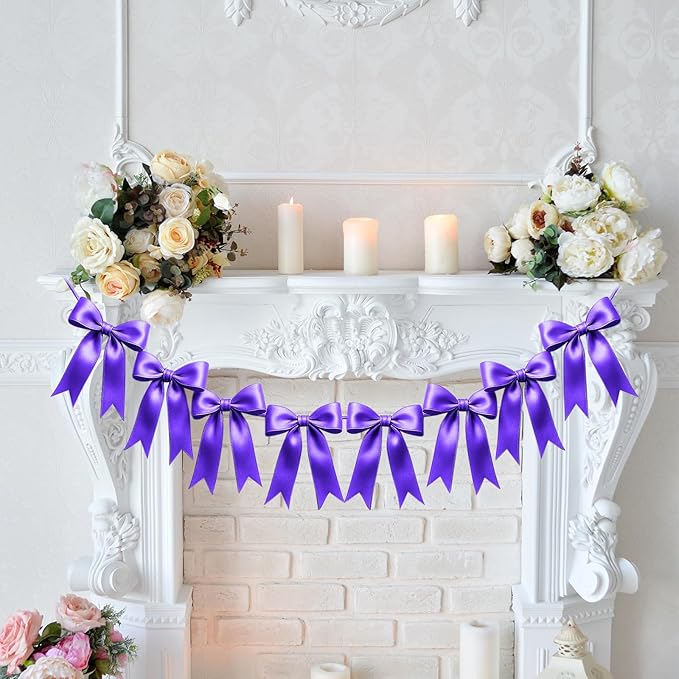 1 String of 8PCS Purple Bow Garland Banner Decoration,Pre-Strung Satin Ribbon Ornaments for Birthday,Bachelorette Party,Bridal Shower,Wedding,Engagement,Baby Shower,Graduation Decor,Anniversary