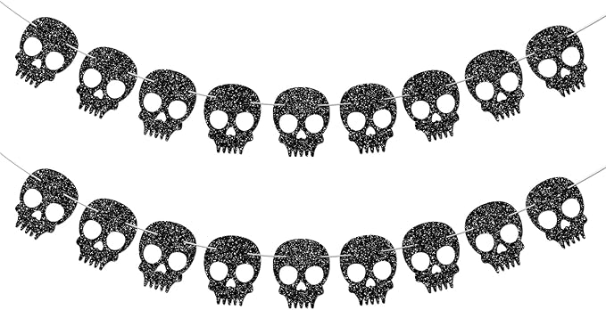 2PC Black Skull Garland for Halloween Party Decorations Glitter Skull Banner for Gothic Birthday Decorations Supplies