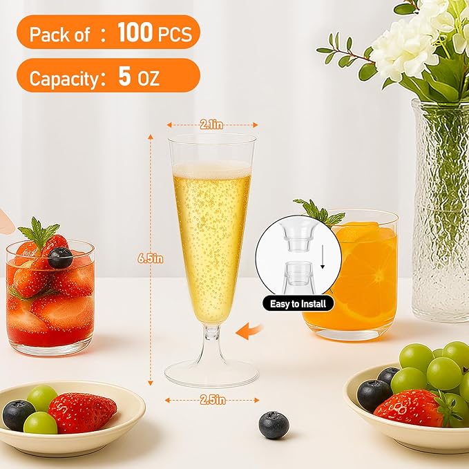 100 Pack Clear Plastic Champagne Flutes, 5 Oz Disposable Champagne Glasses, Unbreakable Acrylic Mimosa Glasses Wedding Cocktail Cups for Engagement Birthday Graduation Party Decorations Supplies