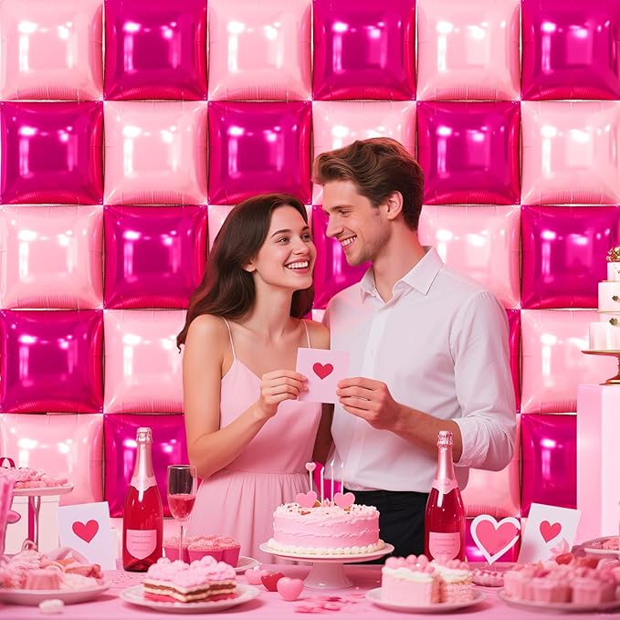 NISOCY 36PCS Hot Magenta Pink Square Foil Balloons Wall Backdrop Double Sided Metallic Pink Balloons Arch Kit for Anniversary Bachelorette Birthday Engagement Bridal Baby Shower Party Decorations