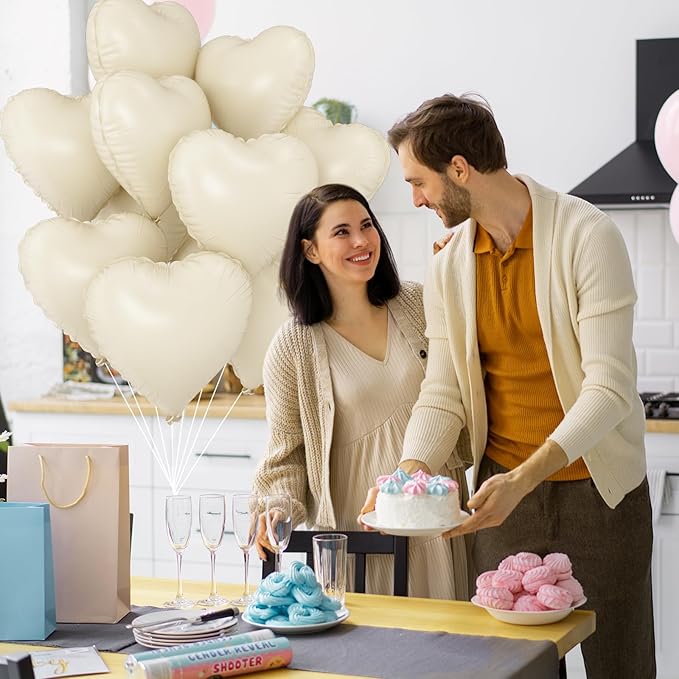 White Heart Balloons,10Pcs Cream White Foil Heart Shaped Balloons,18Inch Beige Helium Polyester Film Balloon for Valentines Engagement Birthday Baby Shower Wedding Party Decorations
