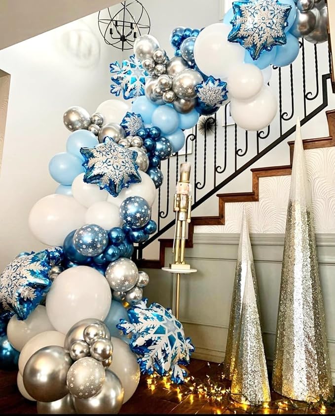 Snowflake Balloon, 12 Inch Ice Snow Blue White Balloons Pearl blue Metallic Blue Silver for Winter Wonderland Theme Snow Party Baby Shower Party Birthday Party Decorations
