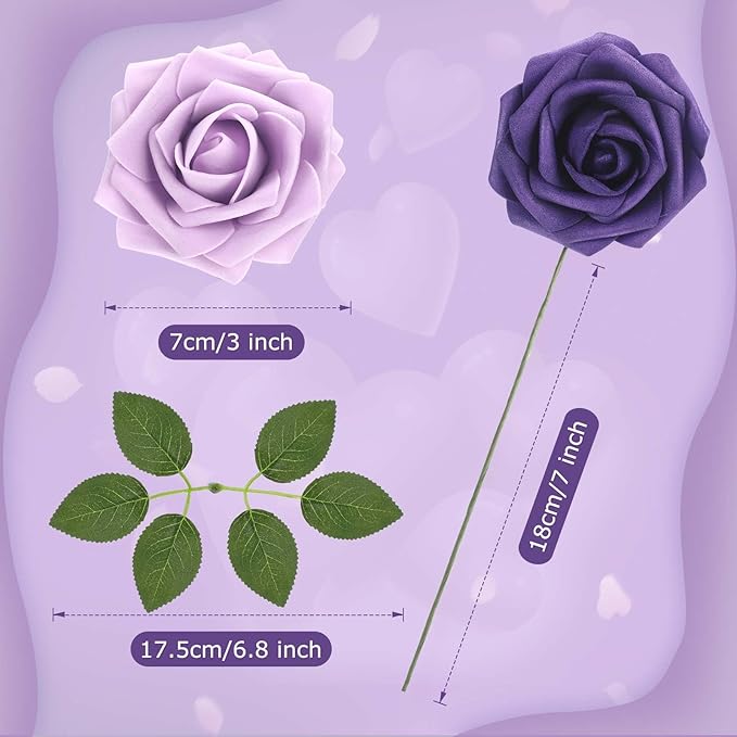 100 Pieces Artificial Foam Rose Flowers Faux Bouquet with Leaves and Stems for DIY Wedding Bouquets Centerpieces Bridal Shower Party Valentine Home Decorations(Shades of Lavender)