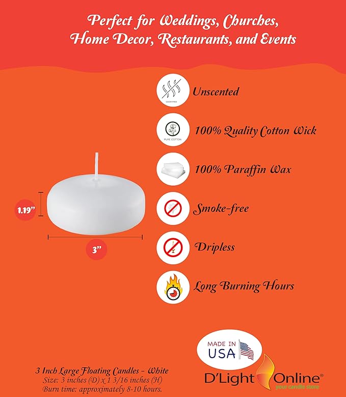 D'light Online Large White Floating Candles 3 Inch Bulk Pack Wax Discs for Events, Weddings, Spa, Home Decor, Special Occasions, Cylinder Vases, Centerpieces, Pool and Holidays - Set of 72 (White)