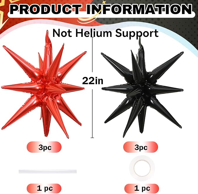 6PCS Black Red Star Balloons, 22Inch Large Star Balloon Foil Balloons Spike Cone Balloon for Birthday Anniversary New Year Halloween Vampire Casino Party Decorations