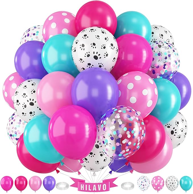 Dog Paw Balloons Set 60 Pcs 12 Inch Pink Purple Blue Balloons Puppy Paw Print Polka Dot Balloon Hot Pink Purple Teal Blue Turquoise Balloon for Kids Girls Baby Shower Birthday Party Decorations