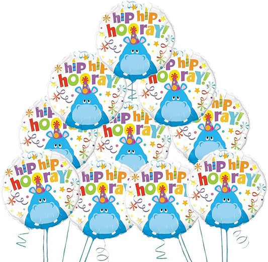 PMU Happy Birthday Hip Hip Hooray Hippo 18 Inch Mylar Foil Balloon Pkg/10
