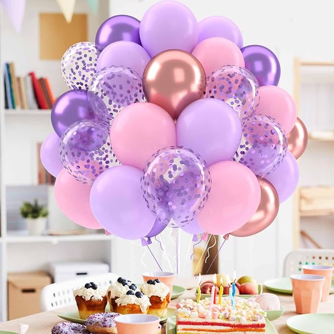 Patimate Purple and Pink Balloons Set, 50 pcs 12 inch Metallic Rose Gold Purple Pastel Pink Purple Confetti Latex Balloons Kit for Girl Birthday Baby Shower Wedding Party Decorations