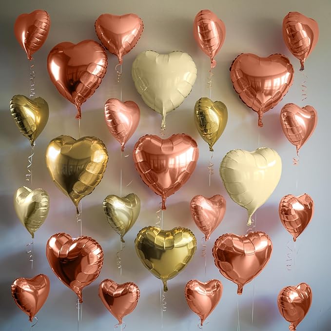 Rose Gold White Heart Balloons, 19PCS Champagne Gold Heart Shape Balloon, 18Inch with 10Inch Gold and Cream Helium Foil Love Balloon for Girls Birthday Baby Shower Wedding Mother's Day Decoration