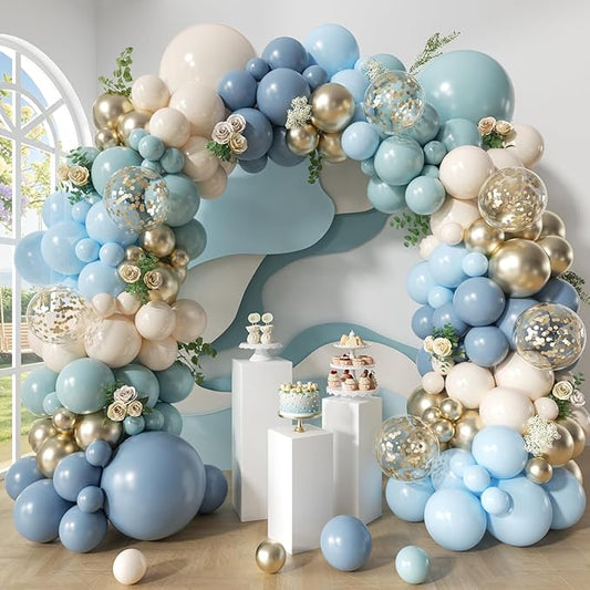 Dusty Blue Balloon Arch Kit, 148Pcs Retro Blue Macaron Blue Dusty Blue White Sand Gold Confetti Balloons for Baby Bridal Shower Wedding Engagement Birthday Party Decorations