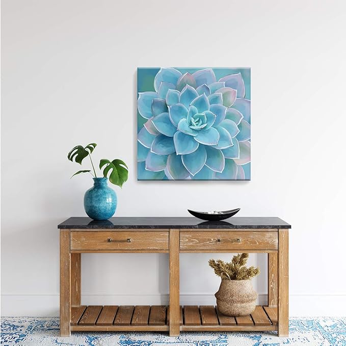 Wall Decor for Bedroom Canvas Artwork Blue-Green Succulents Prints Pictures Wall Art for Living Room Hanging Plants for Bedroom Decor Modern Popular Wall Decorations Blue-Green Flower Size 20x20