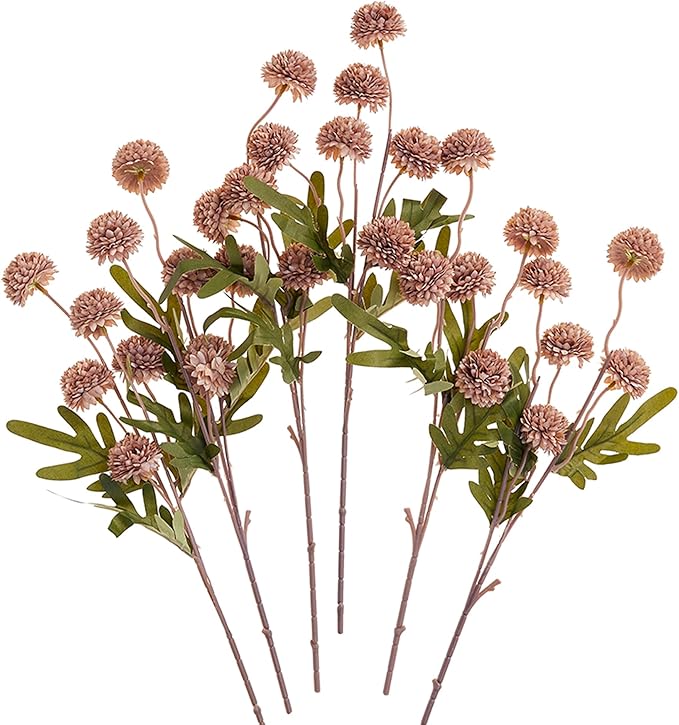 SITUMEIZI Taupe Pompon Mum Artificial Flowers Taupe Faux Silk Mums Mini Chrysanthemum with Stems 6Pcs for DIY Wedding Centerpieces Floral Arrangements