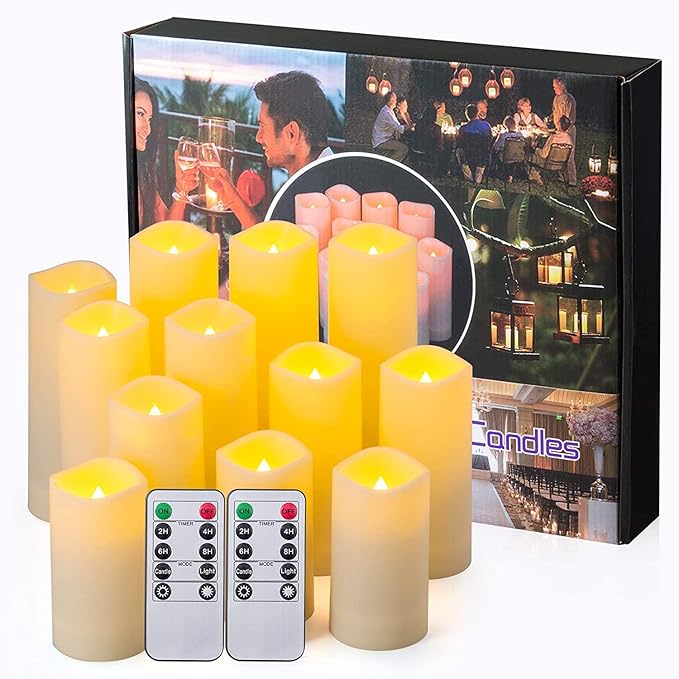 12 Pack Flameless Candles Battery Operated Waterproof Led Candles (D:2.2" X H:4" 5" 6" 7") Candles with 2 Remotes Contro for Wedding, Party, Birthday