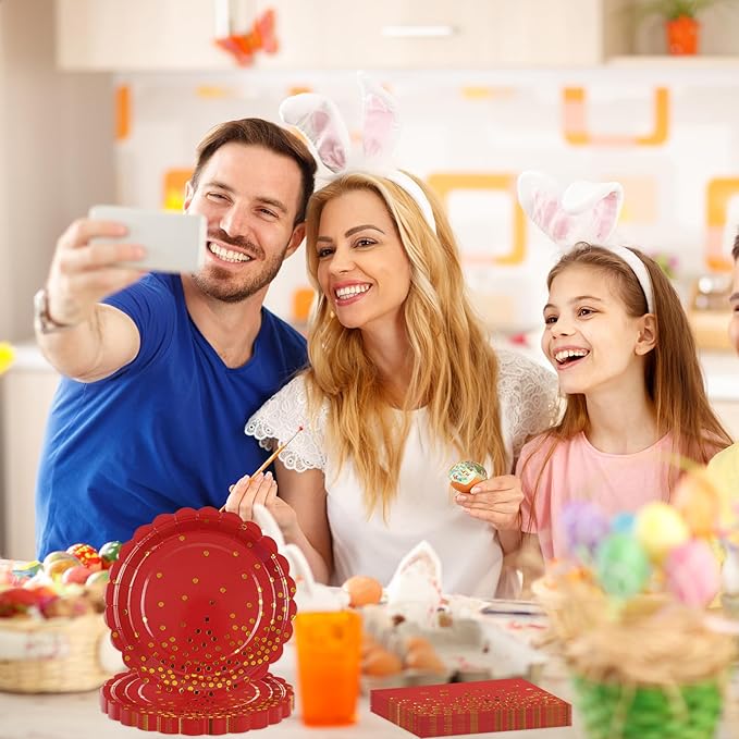 50PCS Red Paper Plates and Napkins Set - Red and Gold Dot Disposable Party Plates Dinnerware Party Supplies Decorations for Birthdays, Christmas, Engagement and Weddings