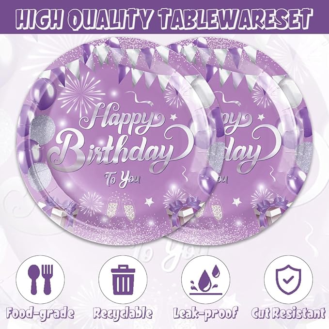 40pcs Purple Birthday Party supplies Purple Silver party Tableware Set Confetti Sprinkles Happy Birthday Party Decorations for Women Girls Disposable Desserts Plates and Napkins