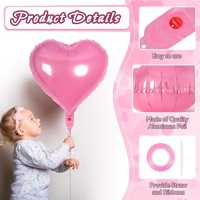 24 Pcs Pink Heart Balloons,18 inch Heart Shape Foil Balloons Love Balloons Valentine Balloons for Birthday Party Wedding Engagement Party Baby Shower Valentine Day Decorations (Pink)