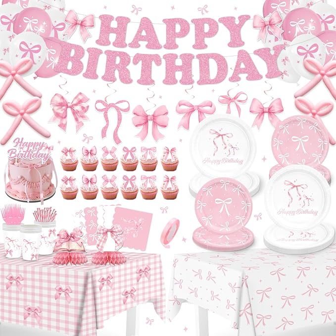 190PCS Pink Bow Party Supplies Birthday Decorations Coquette Disposable Plates Napkins Set, Banner, Hanging Swirls, Tablecloth, Cake Topper, Balloon, Honeycomb Centerpieces Table Decorations