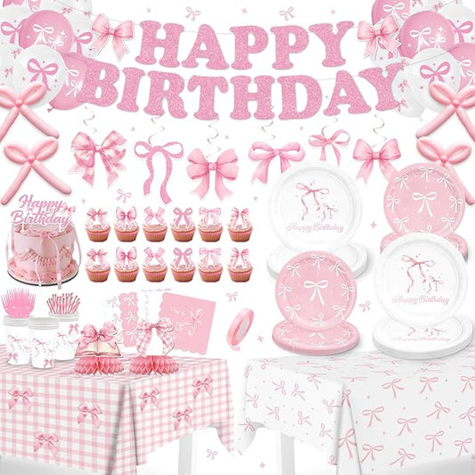 190PCS Pink Bow Party Supplies Birthday Decorations Coquette Disposable Plates Napkins Set, Banner, Hanging Swirls, Tablecloth, Cake Topper, Balloon, Honeycomb Centerpieces Table Decorations
