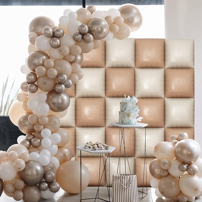Cream Square Foil Balloon Wall, 25 PCS Double Sided Khaki Apricot Balloons Matte Beige Nude Balloon Backdrop for Baby Shower Decoration Wedding Boho Birthday Party Decoration