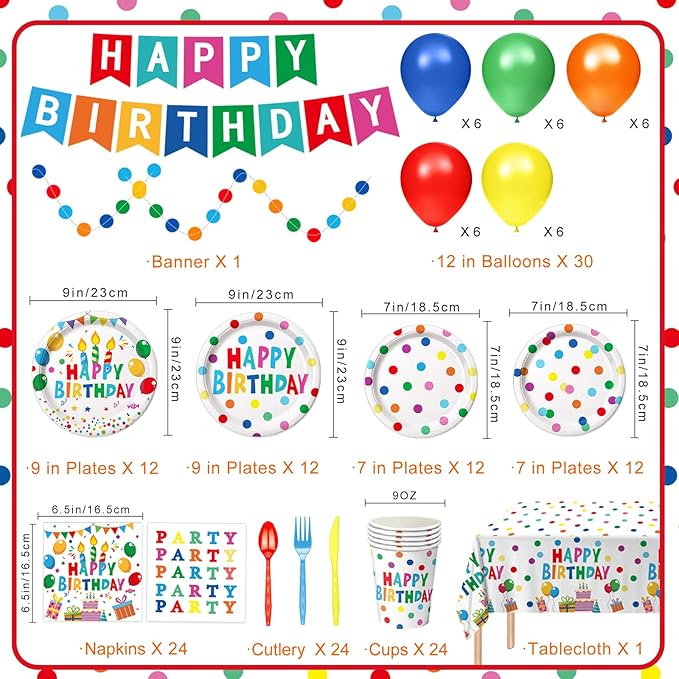 Happy Birthday Decorations - Colorful Dots Birthday Party Supplies Includes Plates, Napkins, Cups, Cutlery, Banner, Hanging Swirl, Tablecloth, Balloons for Kids Boys Girls, Serves 24