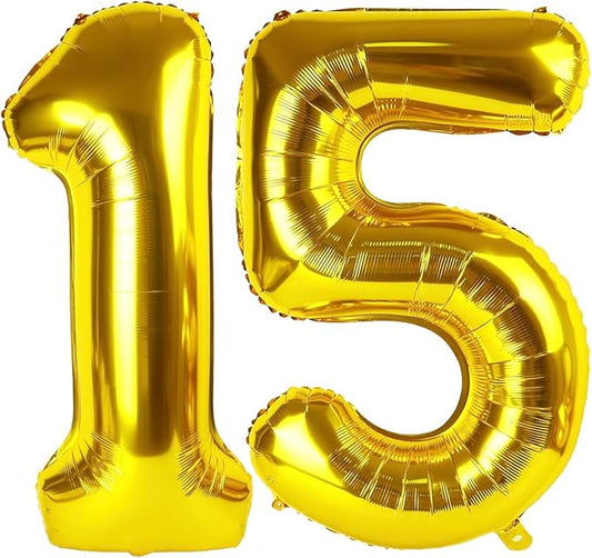 Gold Number 15 Balloon 40 Inch, 15th Birthday Party Decorations for Children, Giant 15 Foil Balloon for Party Supplies