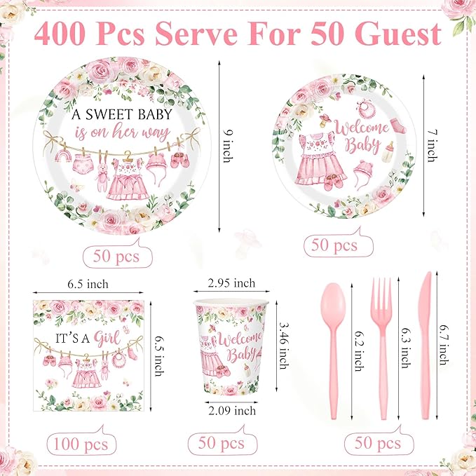 Pickmesh 400 Pcs Floral Baby Shower Party Decoration Include A Sweet Baby ls on Her Way Disposable Plates It's a Girl Napkins Cup Cutlery Pink Floral Sweet Girl Tableware Set Party Supplies Serve 50