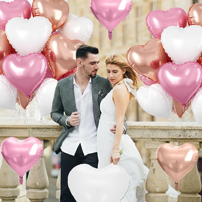 Rose Gold Heart Balloons, 10 Pcs Light Pink Heart Shaped Balloon, 18 Inch Rose Gold and White Foil Balloons Helium for Girls Women Brithday Bridal Baby Shower Wedding Valentines Party Decorations