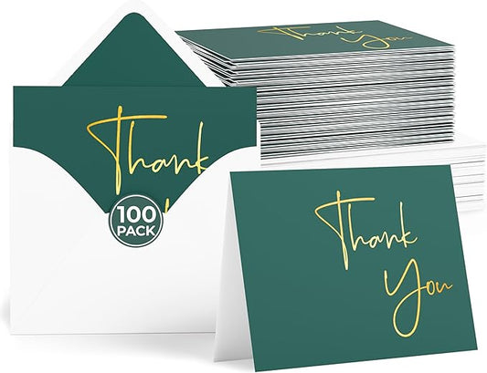 VNS Creations Gold Foil Thank You Cards With Envelopes Bulk Set & Stickers - 100 Pack 4x6 Blank Thank You Notes Set - Large Note Card Small Business, Wedding, Baby Shower & Bridal Shower - Post Green