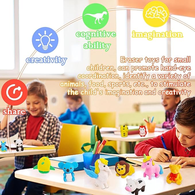 150Pcs Animal Erasers Kids Desk Pets Pencil Erasers 3D Puzzle Bulk Mini Animal Food Eraser Toys Fun Cute Eraser for Classroom Rewards, Game Prizes, Treasure Box, Easter Egg Fillers