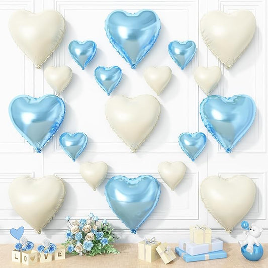 Blue White Heart Balloons, 19PCS Cream White and Blue Heart Shape Balloon, 18Inch with 10Inch Blue Nude Helium Heart Balloon for Birthday Baby Shower Engagement Wedding Party Decorations