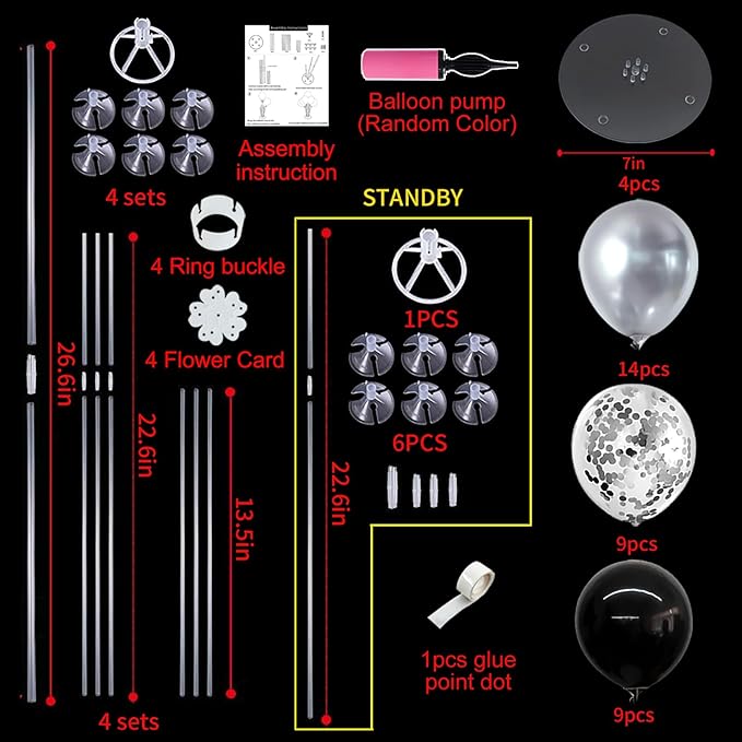 TONIFUL 4 Set Black and Silver Balloons Stand Centerpiece Table Decorations for Birthday, Baby Shower, Wedding, Halloween and Anniversary Party Decorations Graduations