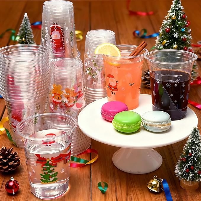 60 Pcs Christmas Cups, 16 oz Disposable Christmas Plastic Cups Snowflake Xmas Trees Santa Claus Snowman Gingerbread Man Party Cups for Winter Holiday Party Supplies