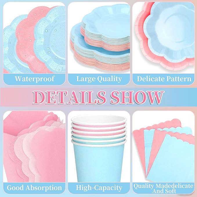 260 Pcs Blue And Pink Party Supplies - For 52 Guests Paper Plates And Napkins/Cups - Disposable Big Scalloped Dinner Party Set Cutlery - For Bbq Baby Shower Bridal Shower Wedding