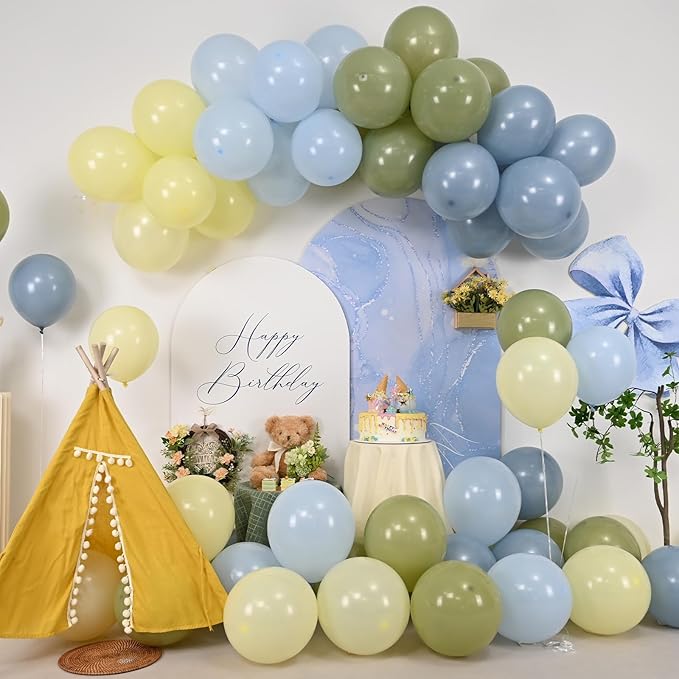 Sage Green Dusty Blue Yellow Balloon, 12 Inch Fog Slate Blue Balloons with Olive Green Yellow Balloon for Oh Baby Shower Bridal Shower Birthday Wild One Party Bee Theme Party Deocration Supplies