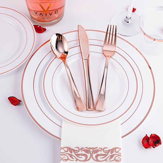 N9R 300PCS Rose Gold Plastic Silverware, Heavy Duty Plastic Cutlery Set, Disposable Rose Gold Utensils Include 100 Forks, 100 Spoons, 100 Knives, Perfect for Party Decorations
