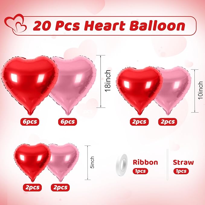 Red Pink Heart Balloons, Heart Shaped Ballons, 20 Pcs 5/10/18 inch Red Pink Foil Love Balloons for Valentine's Day Decorations Wedding Engagement Bridal Showers Anniversary Celebrations