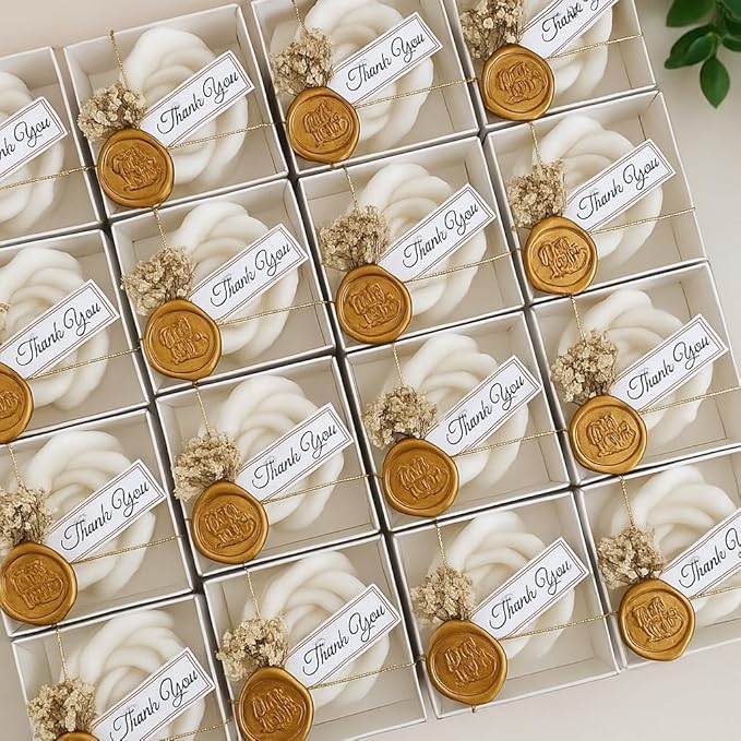White Rose Petal Soy Wax Candles in Bulk – Rose Candle Wedding Favors for Guests, Personalized Candle Favors for Bridal Shower & Baby Shower Gifts – Dried Flower & Wax Seal Design (200 Pieces)
