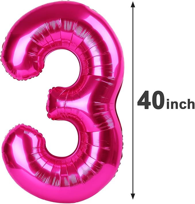 40 Inch Hot Pink 3 Large Number Balloon, 3 13 23 30 33 Hot Pink Birthday Party Decorations, Number Three Foil Balloons for Anniversary Party Graduations Celebration Supplies