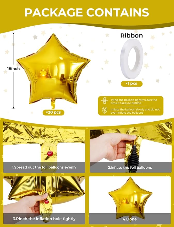 20Pcs Gold Star Balloons Foil Balloons,18Inch Large Star Shaped Balloon Mylar Star Helium Balloon for New Year Birthday Wedding Baby Shower Magical Prom Anniversary Party Decorations